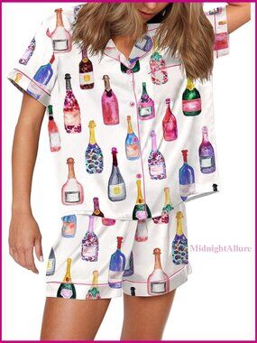 Satin Pajama Set Short Sleeve Shorts 2 Piece Loungewear Women XS-XXL